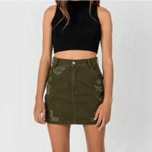LF Carmar Skirt Olive Green Denim Distressed Mini Skirt Size 28 Edgy Rocker Goth